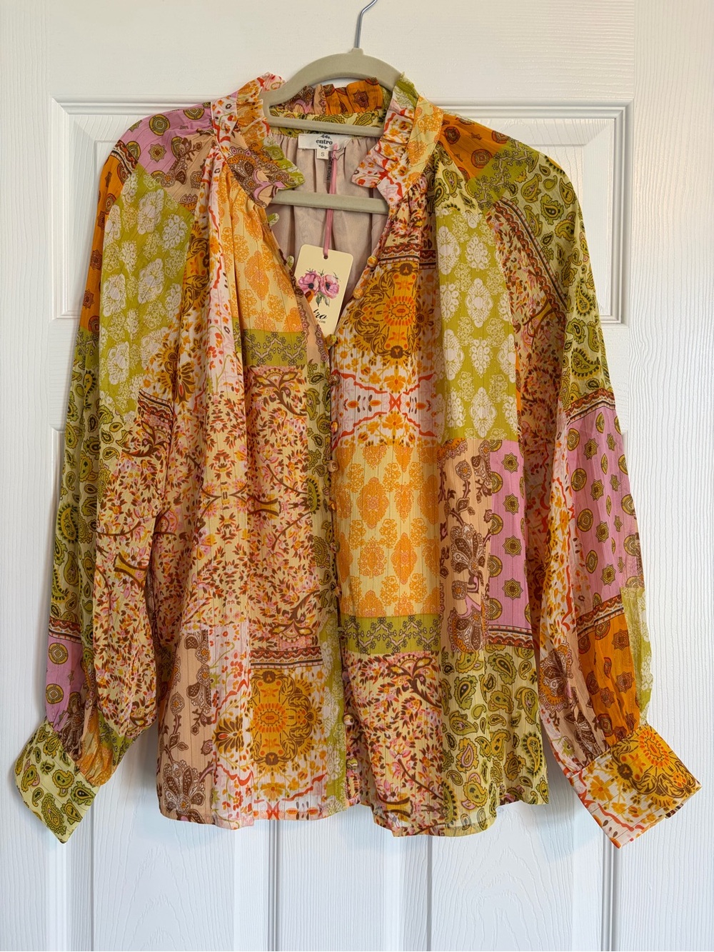 Entro Boho Patchwork Print Peasant Blouse - Multi